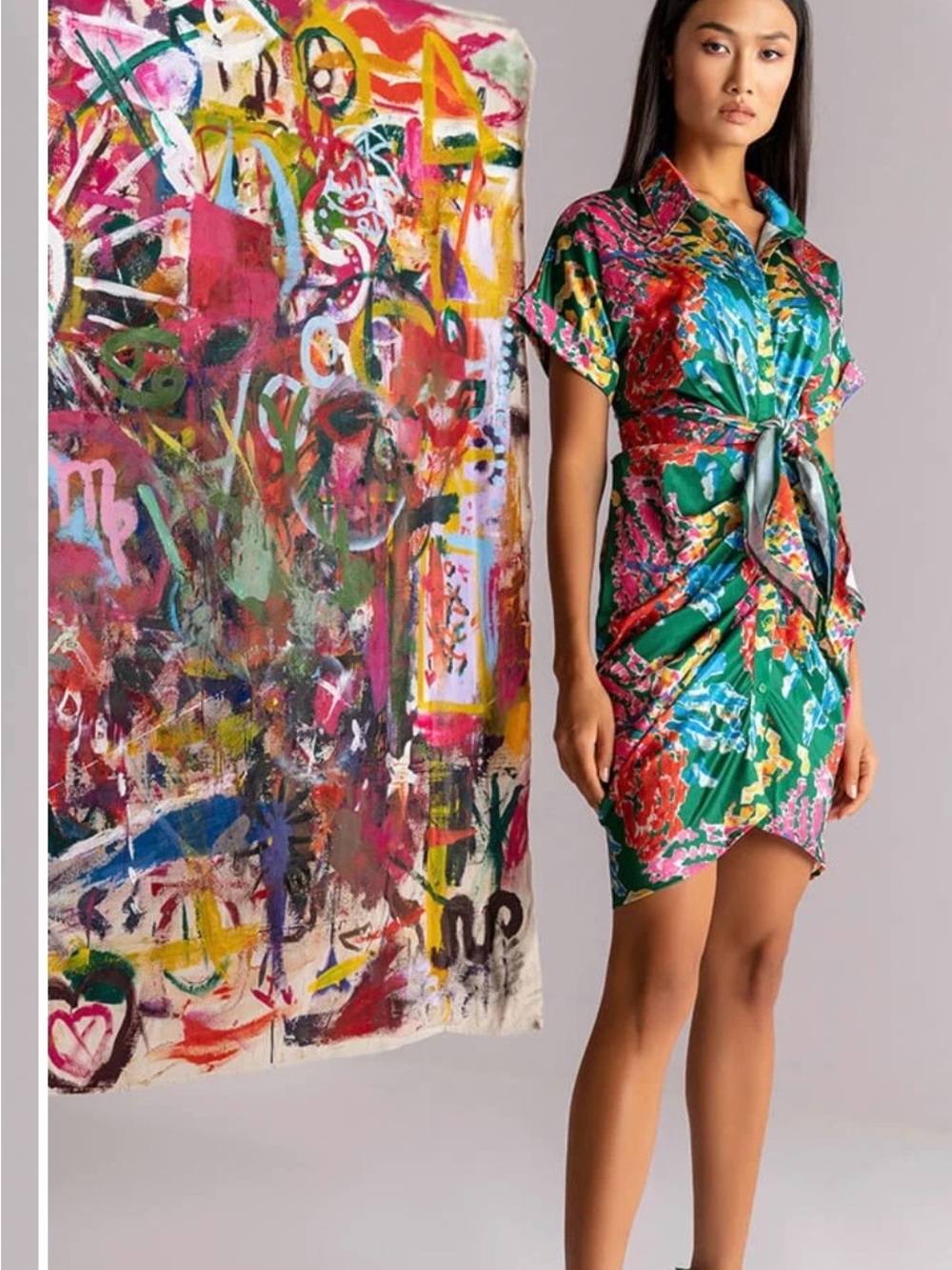 AKIRA Green Multicolor Tie-Waist Mini Shirt Dress - Picture 3 of 10
